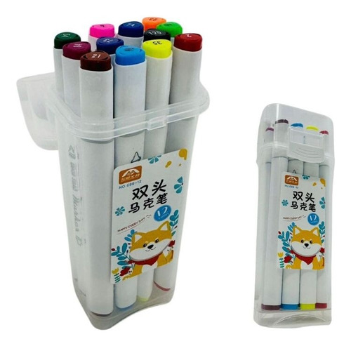 Kit Caneta Marca Texto Ponta Dupla Estojo 12 Cores Branco Coloridas