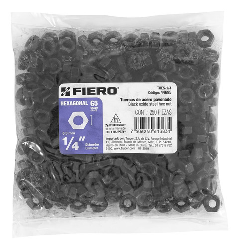 Tuerca 1/4'' Grado 5 Hexagonal Pavonada 250 Pz Fiero 44695