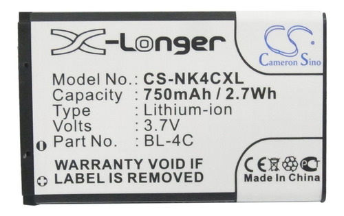Batería Cs-nk4cxl P/ Nokia 6131, Bl-4c, 750mah