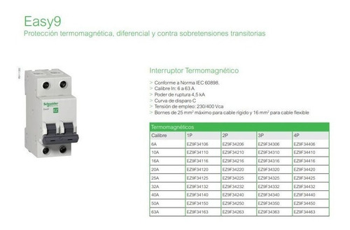 Llave Termica Bipolar Schneider Termomagnetica Easy9 2x32 A