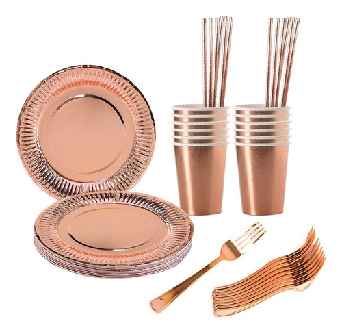 Imagen 1 de 4 de Set Platos, Vasos, Tenedores, Bombillas Rosa Gold 12 Persona