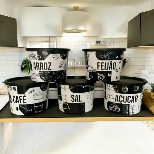 Kit Porta Mantimentos 5 Peças  Redondo Com Decoração 1,5 Lt