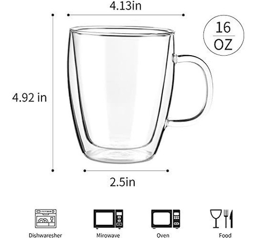 Tazas De Café Doble Pared, 16 Oz, Cristal Transparente Con