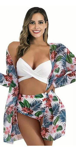 Traje De Baño Dama 3pcs Bikini Mujer Con Abrigo A