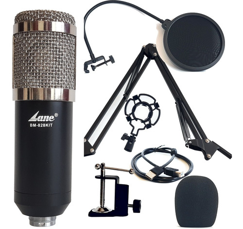 Microfono Condenser Usb Lane Bm-828 Kit Brazo Filtro Araña