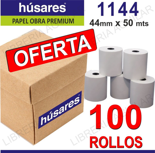 100 Rollos Papel Husares 1144 Obra 44mm X 50m Registradora