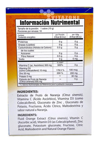 Vitamina C Vitamina D3 Potasio Zinc 10 Sobres Naranja