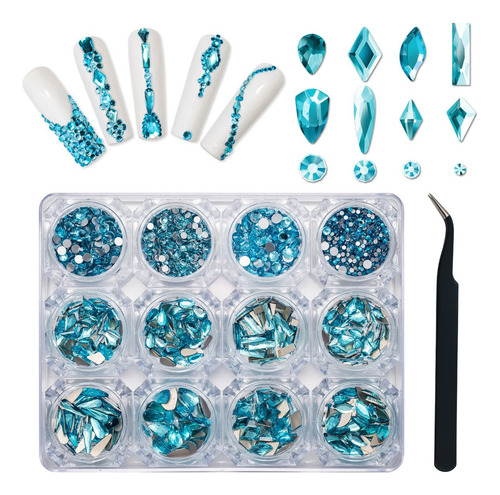 Madeshow Nail Art Rhinestone Kit, Crystal Flat Back Azul Rhinestones Múltiples Formas De Cristal De Uñas Gemas Ronda Diamante Rhinestones Para Las Uñas, Artesanía, Joyería