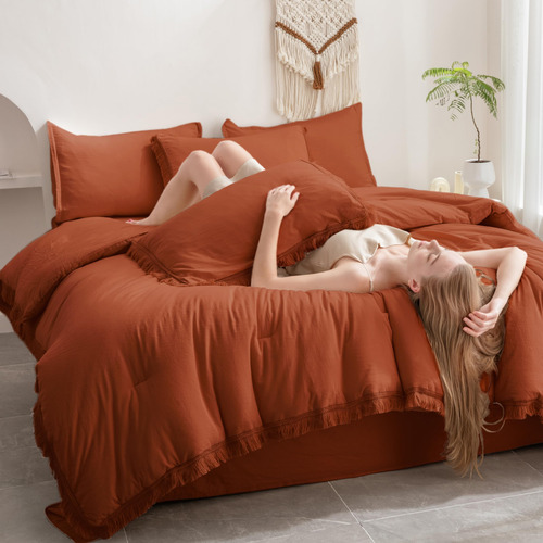 Andency King Size Set Edredon Sabanas Naranja Terracota Burnt Orange Solido