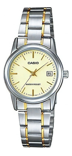Reloj Casio De Dama Modelo Ltp-v002 Combinado Barras Color de la correa Plateado Color del bisel Plateado Color del fondo Dorado