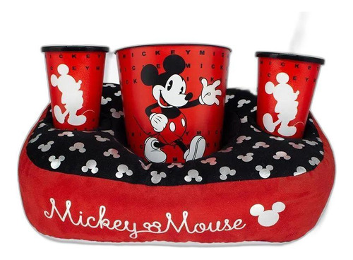 Kit Almofada Porta Pipoca Com Balde E 2 Copos Mickey Mouse