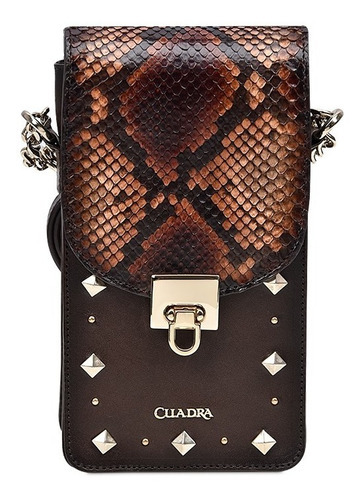 Bolso Porta Celular Cuadra Dama En Piel Pitón Café Acabado de los herrajes Dorado Color Chocolate Color de la correa de hombro Chocolate