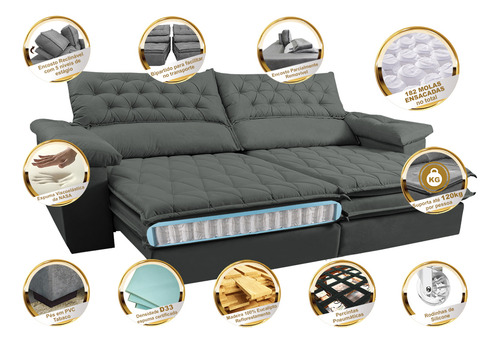 Sofá Retrátil e Reclinável Molas Ensacadas Cama inBox Botonê 2,12m Espuma Viscoelástico Suede Cinza