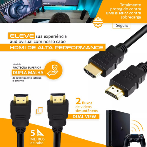 Cabo Hdmi 5m Metros Preto Premium 4k 3d Full Hd Tv Pc Video Game
