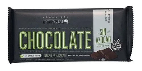 Chocolate Colonial 55% Cacao Sin Azucar X10un La Golosineria