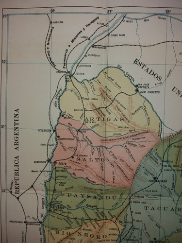 Hermosa Carta Geografica Mapa Politico Color Uruguay 1915 (Usado)