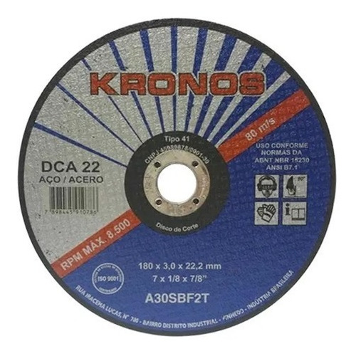 Disco De Corte Aço Kronos Dca 22 Serralheiro 7 X 1/8 X 7/8 