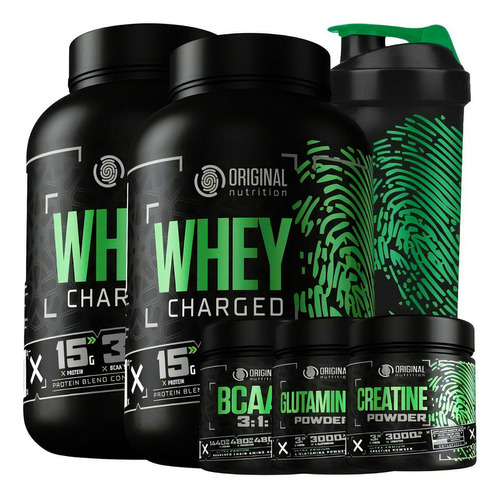 Combo 2x Whey Charged + Glutamina + Bcaa + Creatina + Shaker Sabor Chocolate