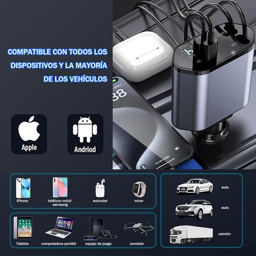 4 En 1 cargador retráctil de coche de carga rápida de 120w cargador carga rapida gris oscuro cables 80cm Vone usb-c color negro