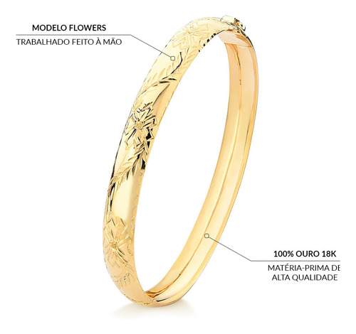 Bracelete Flower Com Aro Abaulado De 7.0mm Em Ouro 18k 18,0