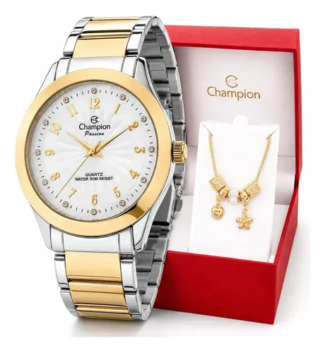 Relógio Champion Feminino Bicolor Prata Dourado 38mm Aço Inox Analógico Quartzo 50m Original com Pulseira Berloques CN29409S Casual - R$ 239