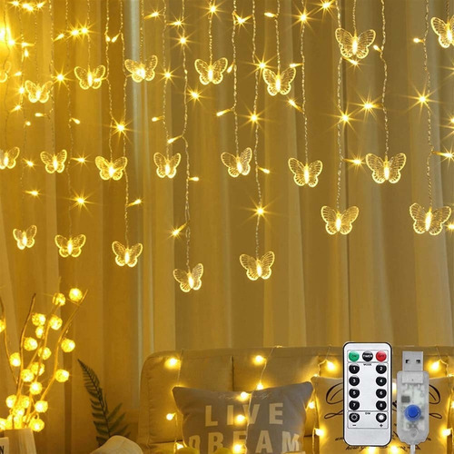 T Cortina De Mariposas Con Luces Usb, 8 Modos, 120 Luces Led