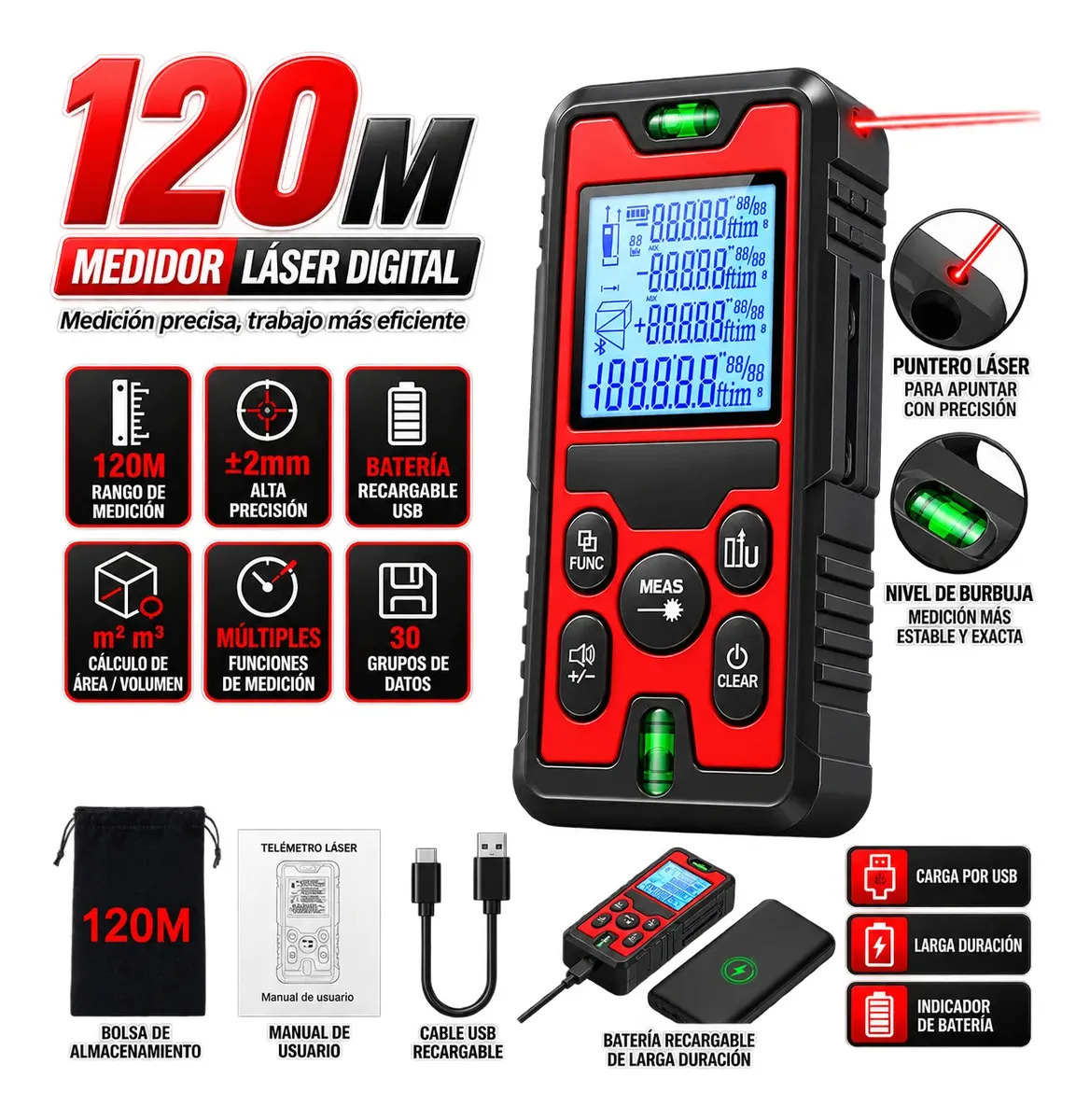 Medidor Láser Distancia 120m De Telémetro Láser Silenciable Alta Precisión Bilateral Medición de Distancia/ Área/ Volumen/ Pitagórico/ Ángulo,Retroiluminación LCD, Medidor Láser pa