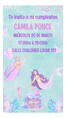 Tarjeta Invitación Digital Cumpleaños Infantil Sirena