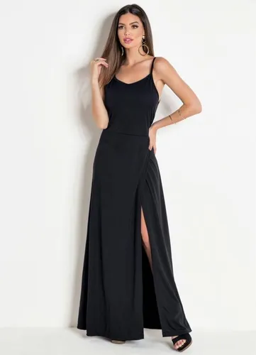 Vestido Longo Alças Com Fenda Preto Social Elegante Verão