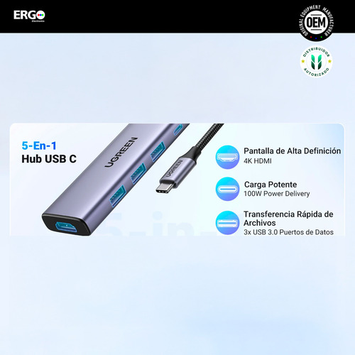 Hub Ugreen 5en1 Usb-c Multipuerto 5gbps Pd-100w 4k 3a Pc Mac
