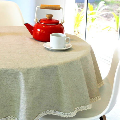 Mantel Redondo De Ecocuero Texturado Con Crochet 180 Cm Beige Cuerina Texturada