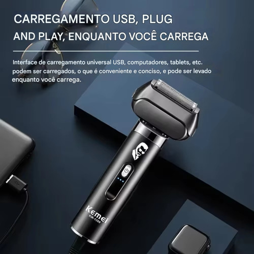 Aparelho De Barbear Kemei Display Led Depilador Elétrico Usb