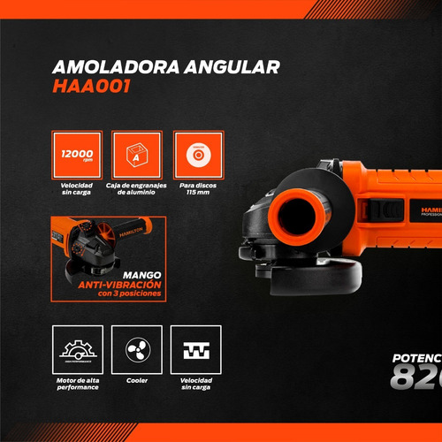 Imagen 8 de 11 de Amoladora Angular 115mm Hamilton 820w 220v - Haa001 Color Naranja