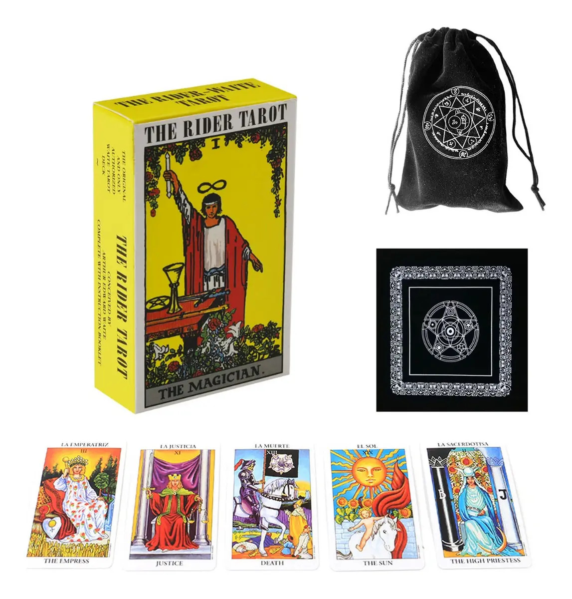 Cartas de Tarot Rider-Waite con Guía en Inglés, Mantel y Bolsa – 78 Arcanos para Principiantes
