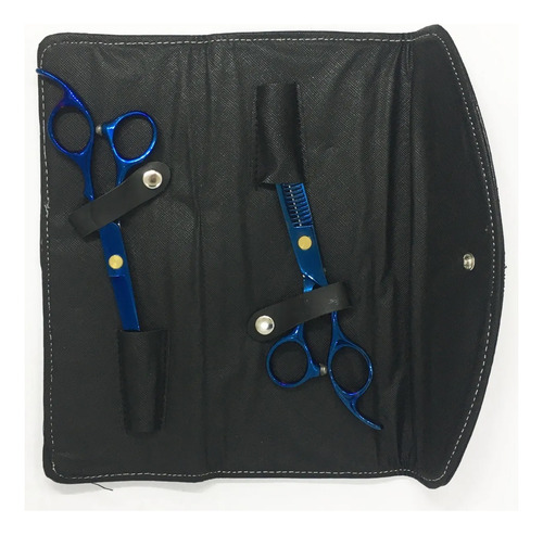 Kit Tijera Filo Navaja + Pulir Barbero Peluqueria 6 Azul 9c
