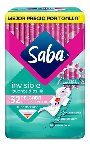 Imagen 1 de 1 de Toallas Femeninas Saba Buenos Días Invisible Con Alas 32 Toallas