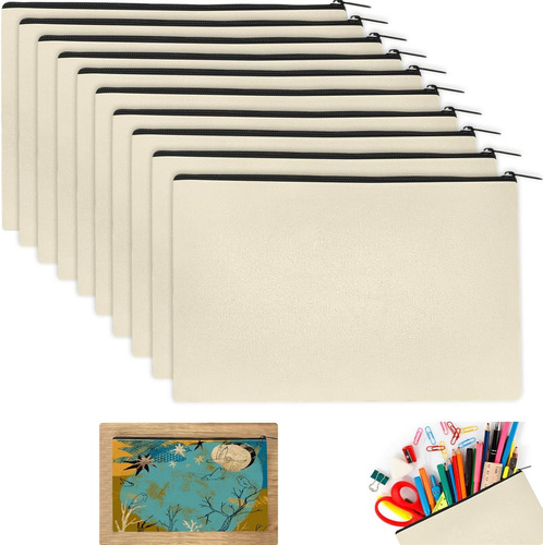 Paquete De 10 Bolsas De Lona En Blanco, Estuche Para Lápices