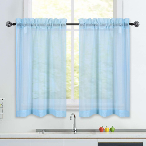 Cortinas De Cocina Transparentes Cortas De Color Azul B...