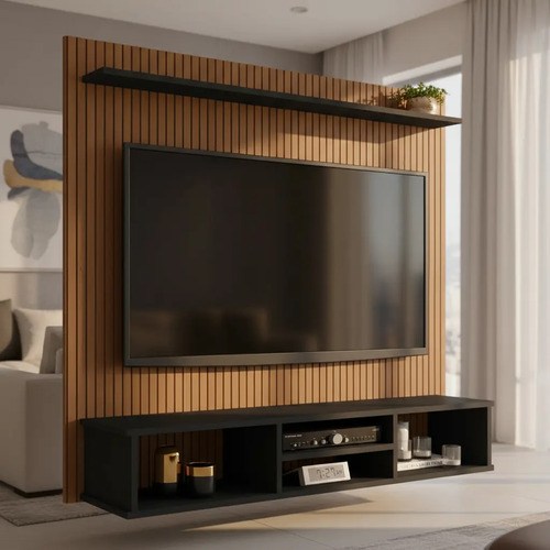 Home Painel Tv 50 Pol Sala Suspenso Ripado 3d Com Nicho Cor Preto Clique Moveis