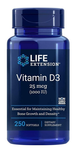 Life Extension Vitamina D3 25 Mcg, 250 Softcaps Sfn Sabor Sin sabor