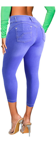 Jean Capri Mezclilla Dama Con Bolsas, Doble Botón En Pretina