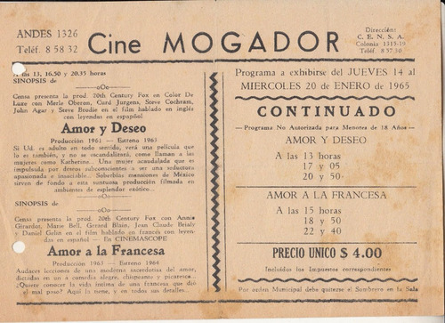 1965 Cine Erotico Programa Cine Mogador Montevideo Andes