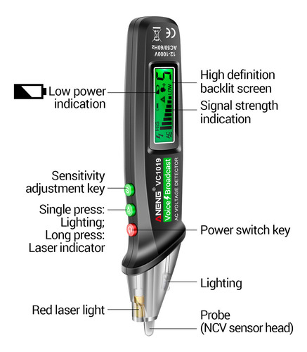Caneta De Teste Lcd Digital Sem Contato Aneng Vc1019 Com Al