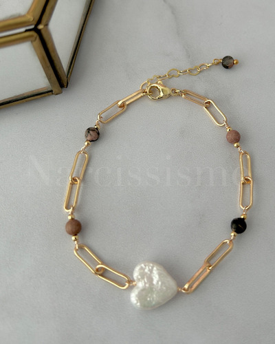 Pulsera Oro Laminado Con Piedras Naturales Y Perla De Rio Dorado 16 Cm