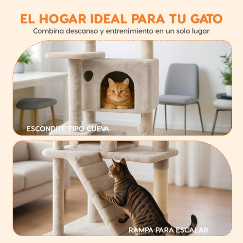 Casa Mueble Rascador Para Gato Multinivel Torre Poste Hamaca Color Beige 135cm