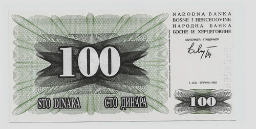 Fk Billete Bosnia Herzegovina 100 Dinara 1992 P-14a  U N C