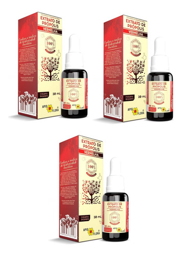 Extrato Própolis Vermelha Frasco Gotas 20ml 3un Apis Flora