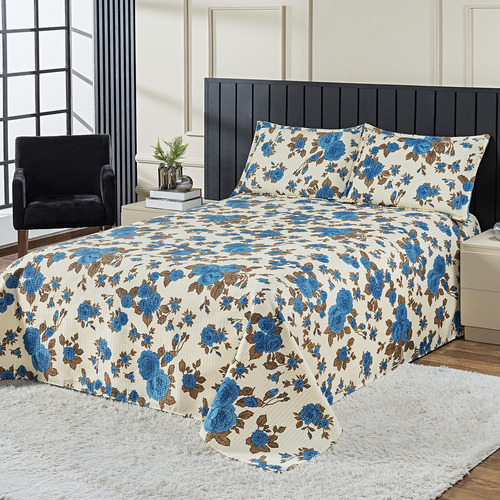 Colcha Cobre Leito Cama Casal Kit 3 Peças Milão Cor Azul Florido Estampado Vitor Bordados