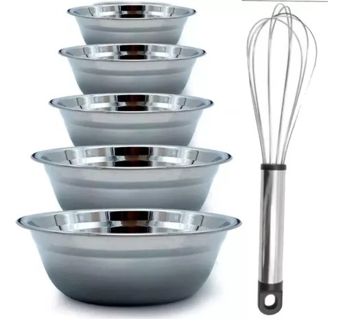 Set X5 Bowls Para Reposteria Acero Inoxidable + Batidor 