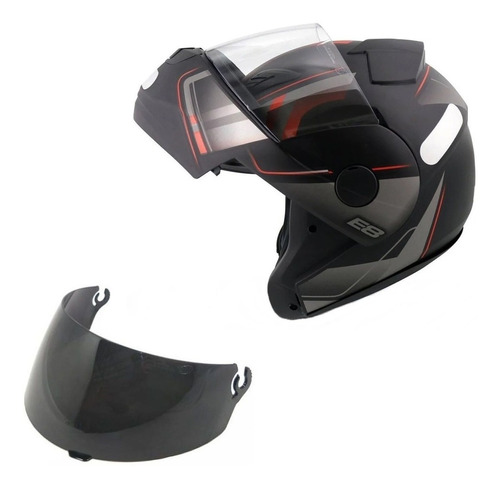 Capacete Ebf E8 Articulado Preto Vermelho + Viseira Fume